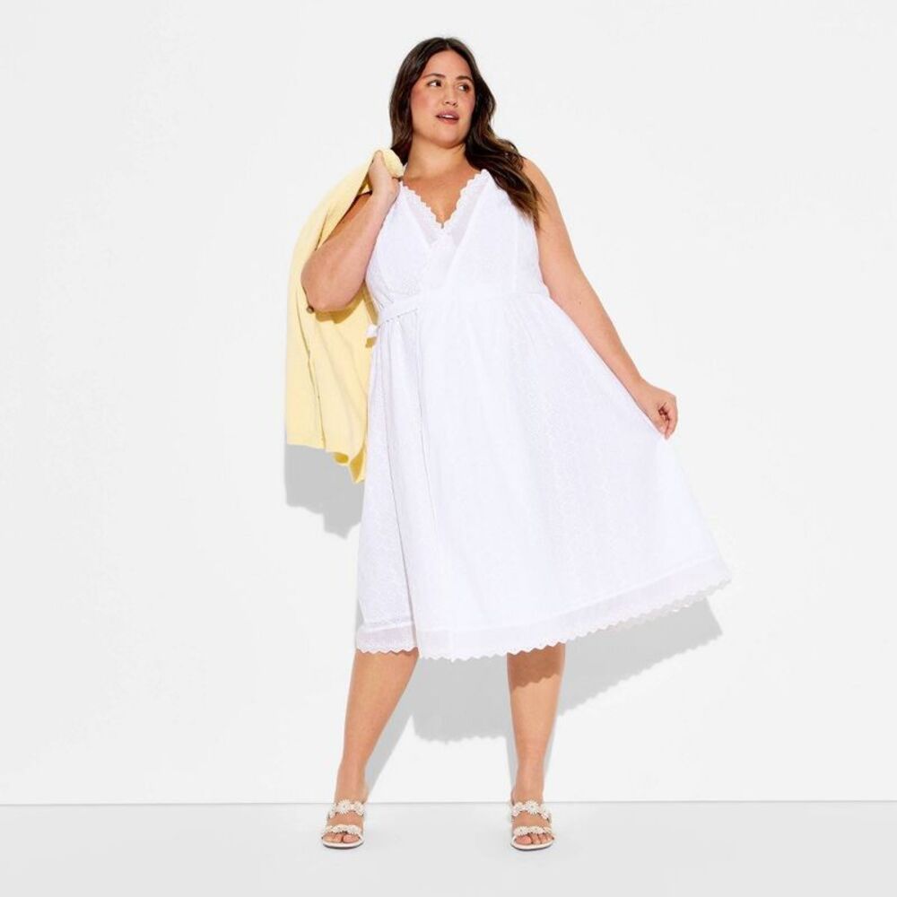 White Eyelet V-Neck Sleeveless Midi Dress